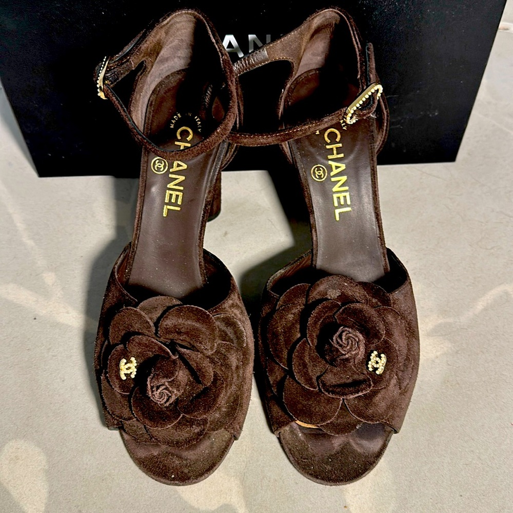Brown Velvet Chanel CC Sandals 39.5